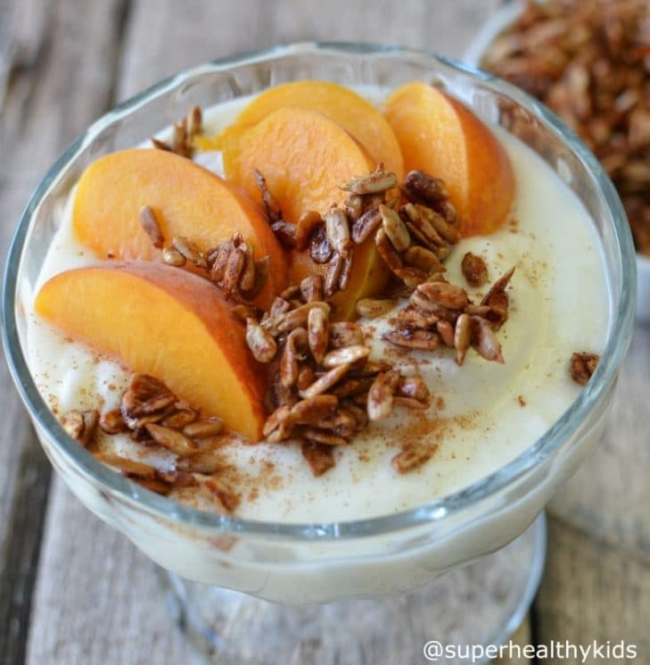 Honey Roasted Cinnamon Sunflower Seeds with Peach Sorbet Recipe. PEACH SORBET sprinkled with honey roasted sunflower seeds!! Great for kids with nut allergies!